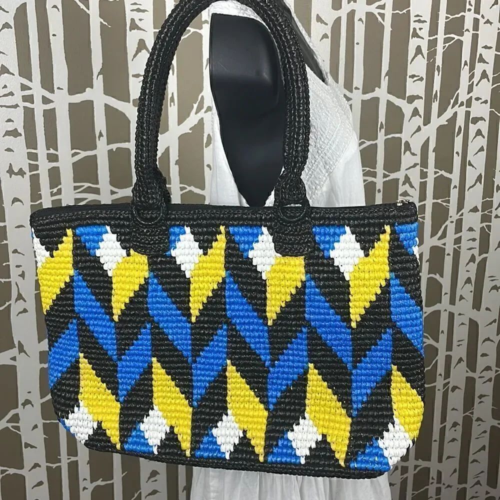 Woven Plastic Tote Bag Yellow Blue Black White Geometric Pattern.
